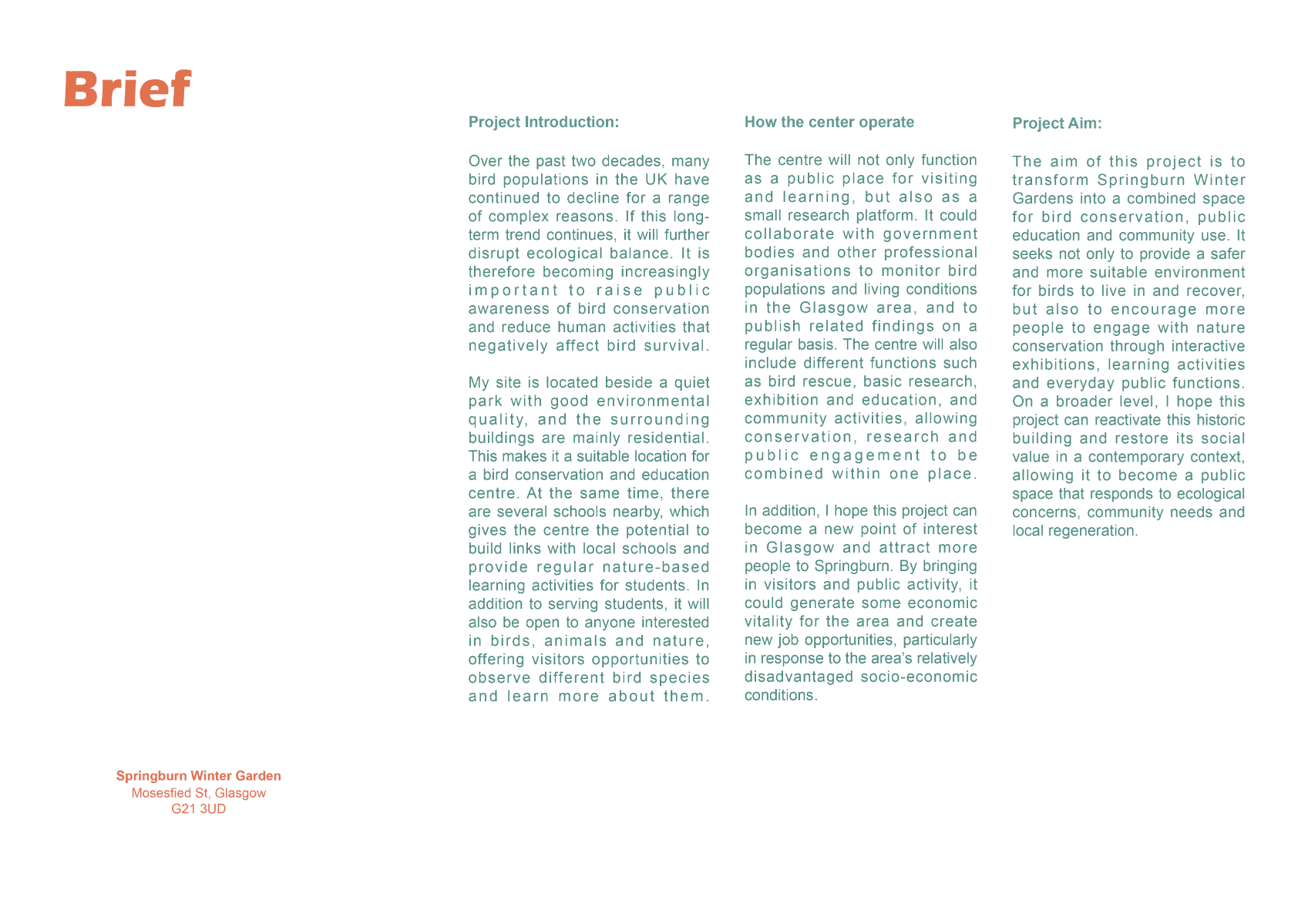 Springburn Bird Conservation Centre, portfolio item 3